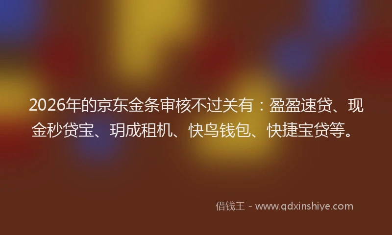 2026年的京东金条审核不过关有：盈盈速贷、现金秒贷宝、玥成租机、快鸟钱包、快捷宝贷等。