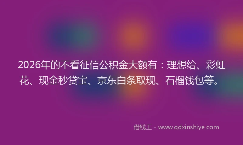 2026年的不看征信公积金大额有：理想给、彩虹花、现金秒贷宝、京东白条取现、石榴钱包等。