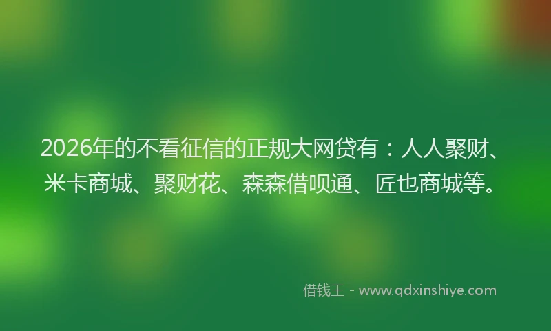 2026年的不看征信的正规大网贷有：人人聚财、米卡商城、聚财花、森森借呗通、匠也商城等。