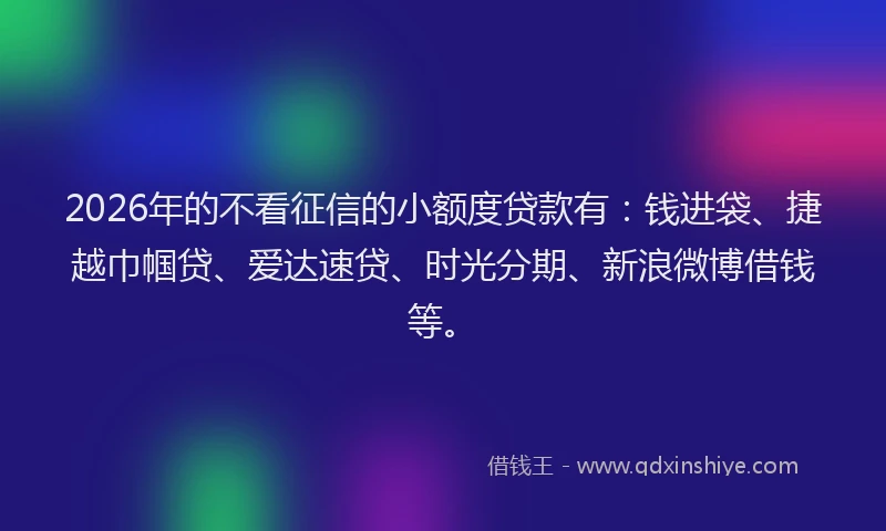 2026年的不看征信的小额度贷款有：钱进袋、捷越巾帼贷、爱达速贷、时光分期、新浪微博借钱等。