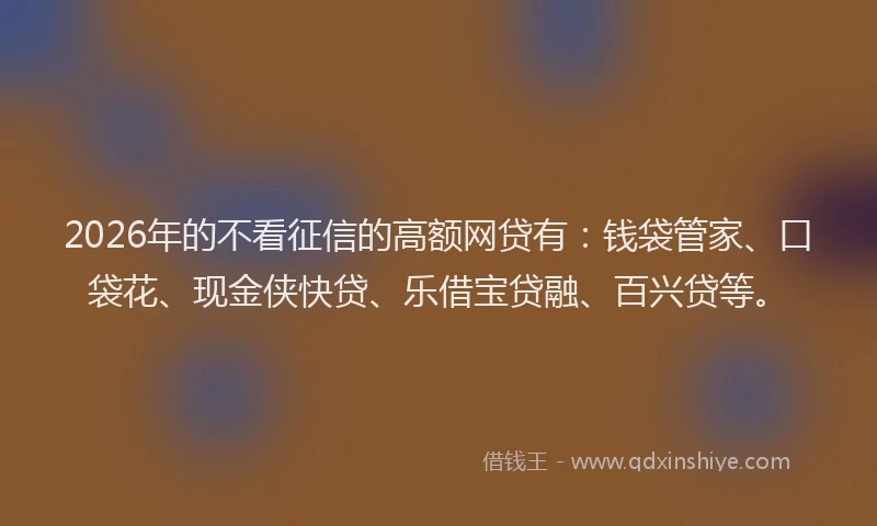 2026年的不看征信的高额网贷有：钱袋管家、口袋花、现金侠快贷、乐借宝贷融、百兴贷等。