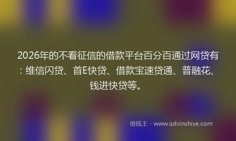 2026年的不看征信的借款平台百分百通过网贷有：维信闪贷、首E快贷、借款宝速贷通、普融花、钱进快贷等。