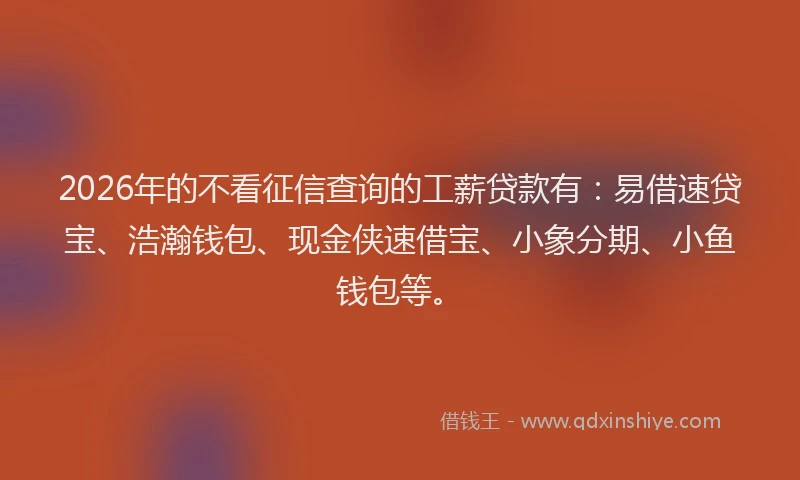 2026年的不看征信查询的工薪贷款有：易借速贷宝、浩瀚钱包、现金侠速借宝、小象分期、小鱼钱包等。