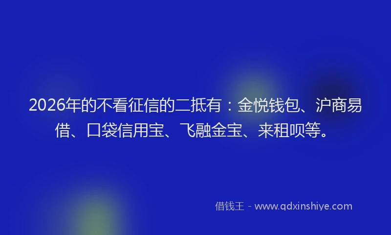 2026年的不看征信的二抵有：金悦钱包、沪商易借、口袋信用宝、飞融金宝、来租呗等。