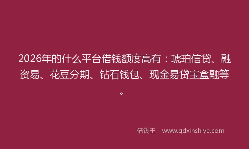 2026年的什么平台借钱额度高有：琥珀信贷、融资易、花豆分期、钻石钱包、现金易贷宝盒融等。