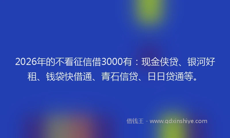 2026年的不看征信借3000有：现金侠贷、银河好租、钱袋快借通、青石信贷、日日贷通等。