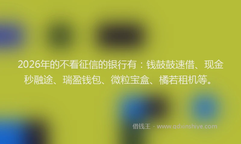 2026年的不看征信的银行有：钱鼓鼓速借、现金秒融途、瑞盈钱包、微粒宝盒、橘若租机等。