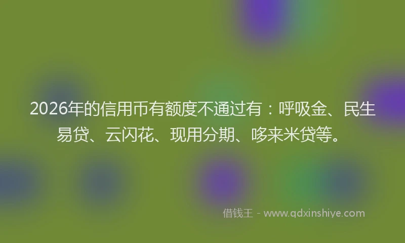 2026年的信用币有额度不通过有：呼吸金、民生易贷、云闪花、现用分期、哆来米贷等。
