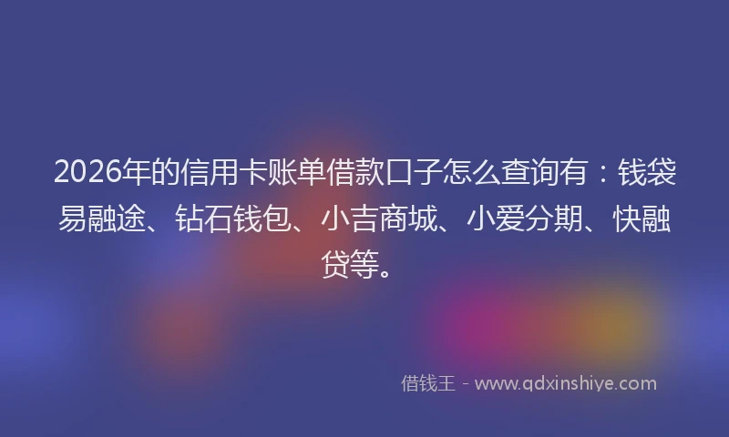 2026年的信用卡账单借款口子怎么查询有：钱袋易融途、钻石钱包、小吉商城、小爱分期、快融贷等。