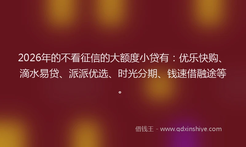 2026年的不看征信的大额度小贷有：优乐快购、滴水易贷、派派优选、时光分期、钱速借融途等。