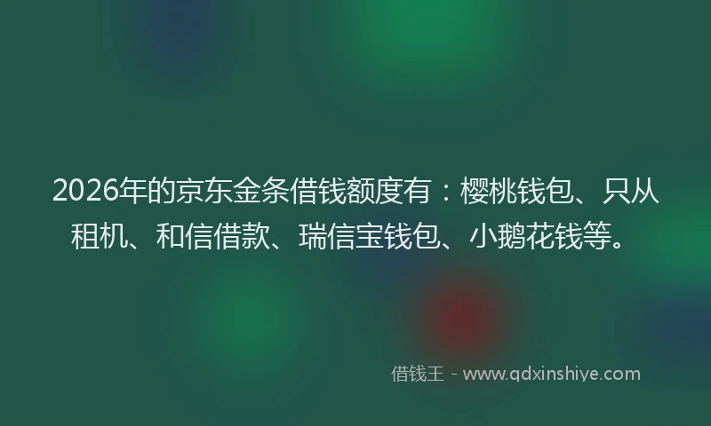 2026年的京东金条借钱额度有：樱桃钱包、只从租机、和信借款、瑞信宝钱包、小鹅花钱等。