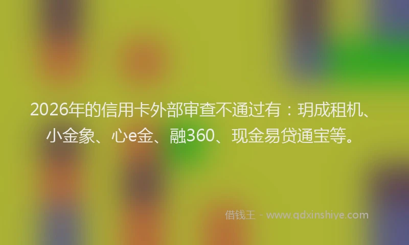 2026年的信用卡外部审查不通过有：玥成租机、小金象、心e金、融360、现金易贷通宝等。