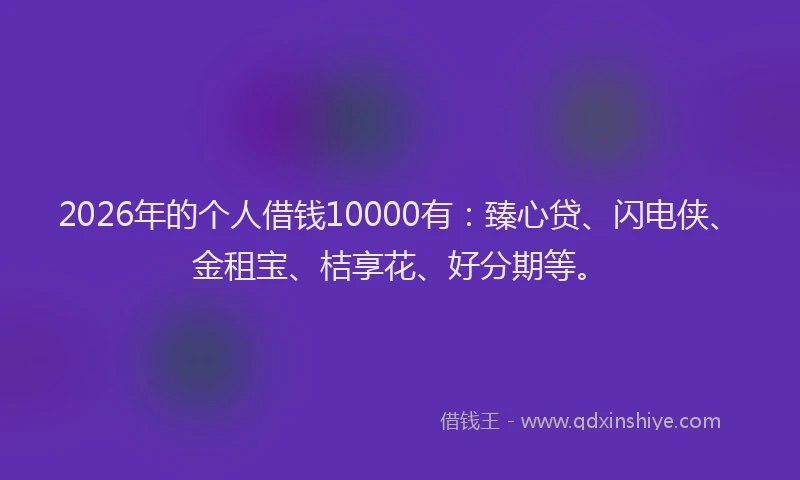 2026年的个人借钱10000有：臻心贷、闪电侠、金租宝、桔享花、好分期等。