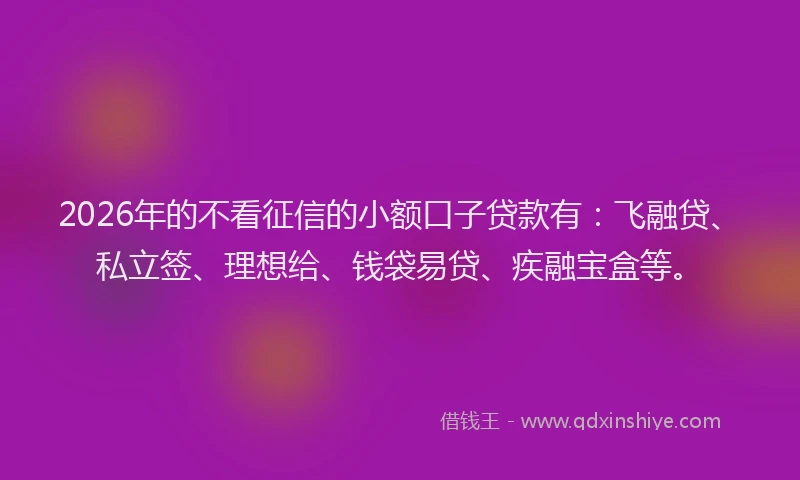 2026年的不看征信的小额口子贷款有：飞融贷、私立签、理想给、钱袋易贷、疾融宝盒等。