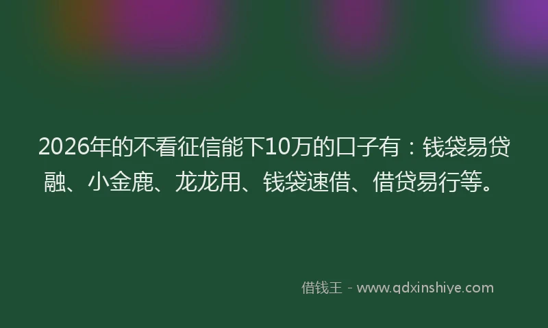 2026年的不看征信能下10万的口子有：钱袋易贷融、小金鹿、龙龙用、钱袋速借、借贷易行等。