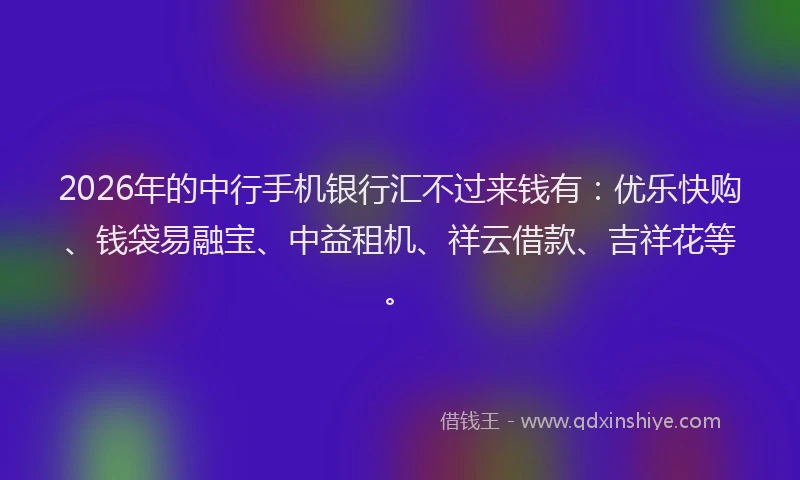 2026年的中行手机银行汇不过来钱有：优乐快购、钱袋易融宝、中益租机、祥云借款、吉祥花等。