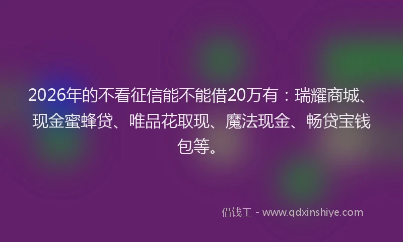 2026年的不看征信能不能借20万有：瑞耀商城、现金蜜蜂贷、唯品花取现、魔法现金、畅贷宝钱包等。