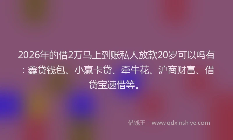 2026年的借2万马上到账私人放款20岁可以吗有：鑫贷钱包、小赢卡贷、牵牛花、沪商财富、借贷宝速借等。