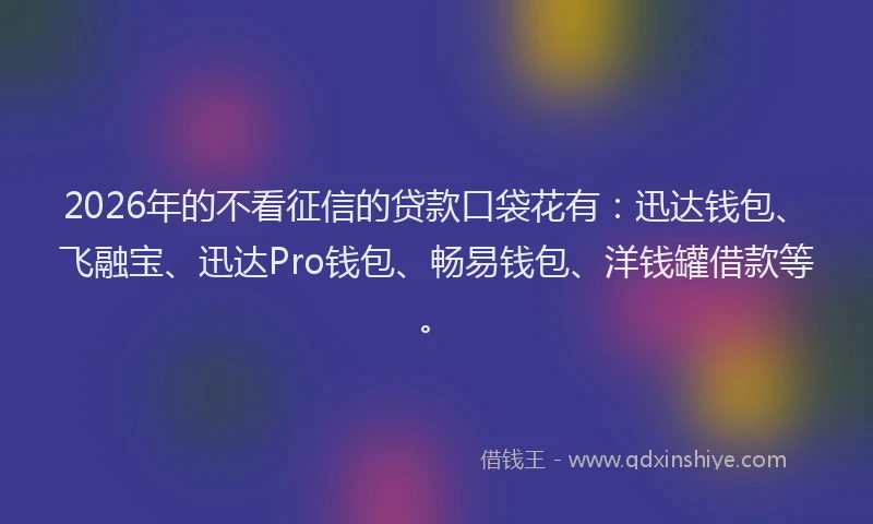 2026年的不看征信的贷款口袋花有：迅达钱包、飞融宝、迅达Pro钱包、畅易钱包、洋钱罐借款等。