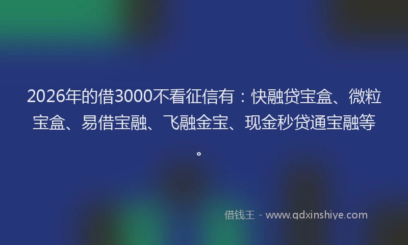 2026年的借3000不看征信有：快融贷宝盒、微粒宝盒、易借宝融、飞融金宝、现金秒贷通宝融等。