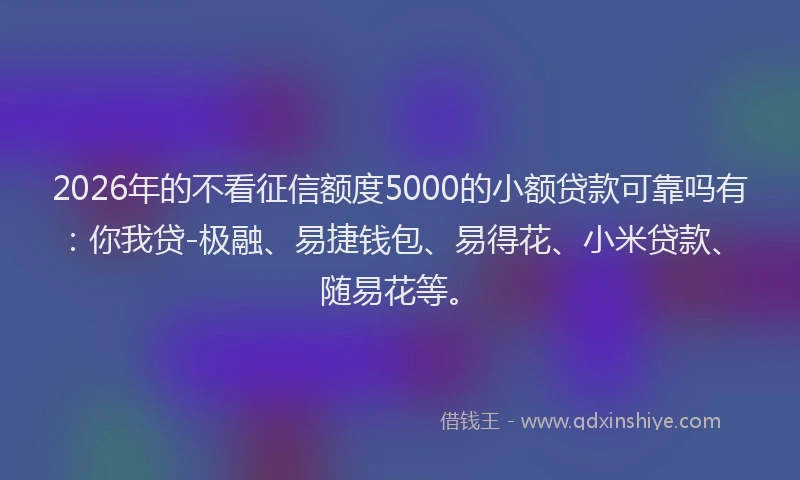 2026年的不看征信额度5000的小额贷款可靠吗有：你我贷-极融、易捷钱包、易得花、小米贷款、随易花等。