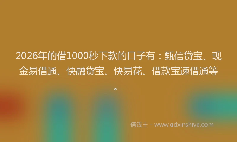 2026年的借1000秒下款的口子有：甄信贷宝、现金易借通、快融贷宝、快易花、借款宝速借通等。