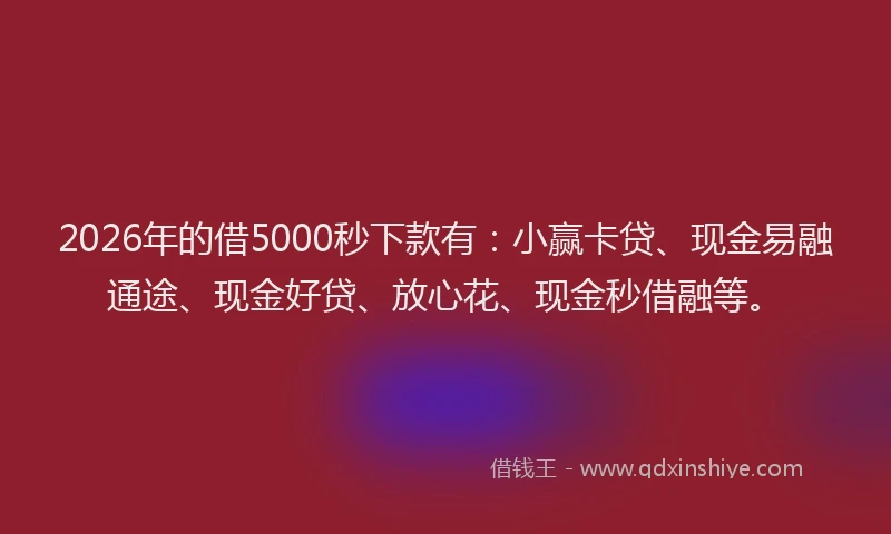 2026年的借5000秒下款有：小赢卡贷、现金易融通途、现金好贷、放心花、现金秒借融等。