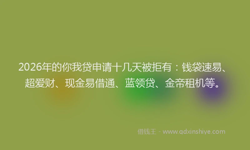 2026年的你我贷申请十几天被拒有：钱袋速易、超爱财、现金易借通、蓝领贷、金帝租机等。