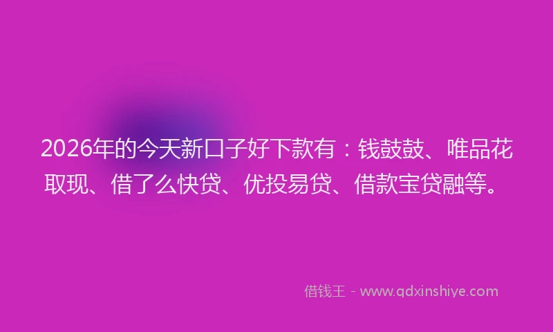 2026年的今天新口子好下款有：钱鼓鼓、唯品花取现、借了么快贷、优投易贷、借款宝贷融等。