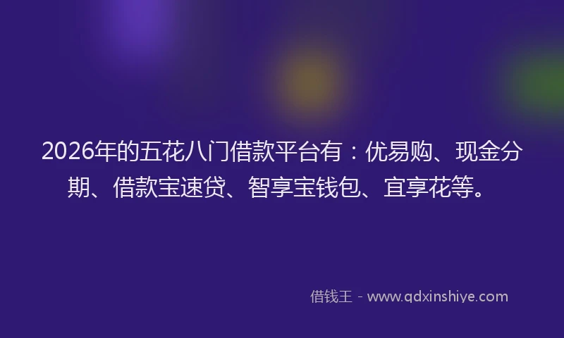 2026年的五花八门借款平台有：优易购、现金分期、借款宝速贷、智享宝钱包、宜享花等。