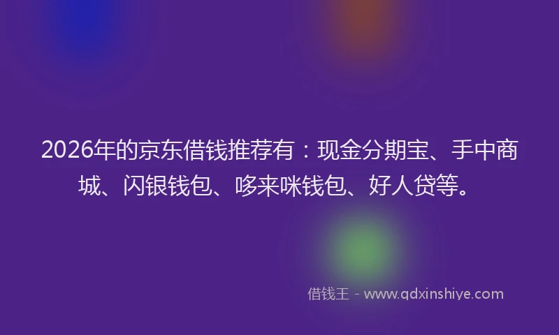 2026年的京东借钱推荐有：现金分期宝、手中商城、闪银钱包、哆来咪钱包、好人贷等。