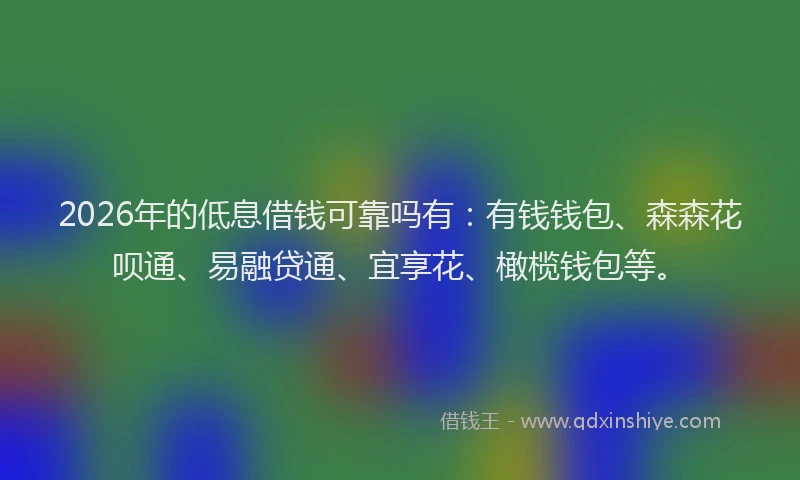 2026年的低息借钱可靠吗有：有钱钱包、森森花呗通、易融贷通、宜享花、橄榄钱包等。
