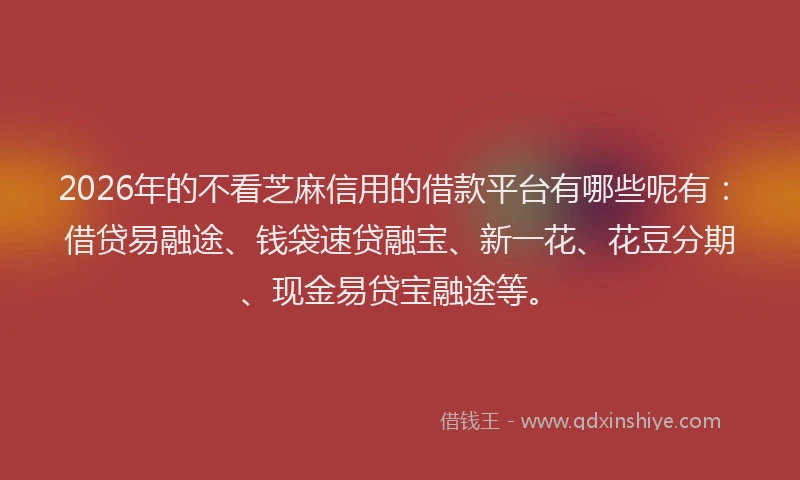 2026年的不看芝麻信用的借款平台有哪些呢有：借贷易融途、钱袋速贷融宝、新一花、花豆分期、现金易贷宝融途等。
