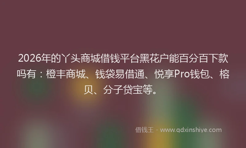 2026年的丫头商城借钱平台黑花户能百分百下款吗有：橙丰商城、钱袋易借通、悦享Pro钱包、榕贝、分子贷宝等。