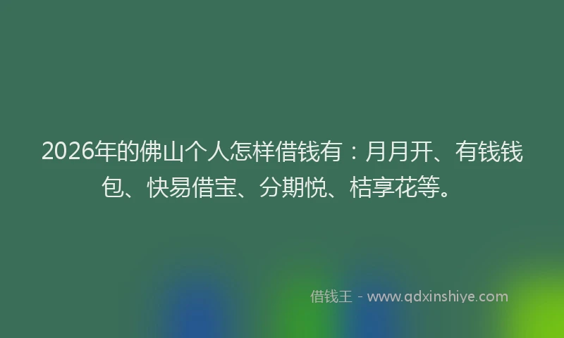 2026年的佛山个人怎样借钱有：月月开、有钱钱包、快易借宝、分期悦、桔享花等。