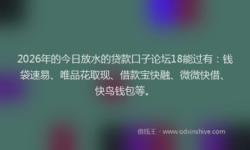 2026年的今日放水的贷款口子论坛18能过有：钱袋速易、唯品花取现、借款宝快融、微微快借、快鸟钱包等。