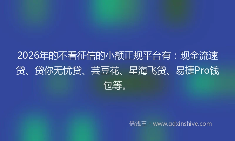 2026年的不看征信的小额正规平台有：现金流速贷、贷你无忧贷、芸豆花、星海飞贷、易捷Pro钱包等。