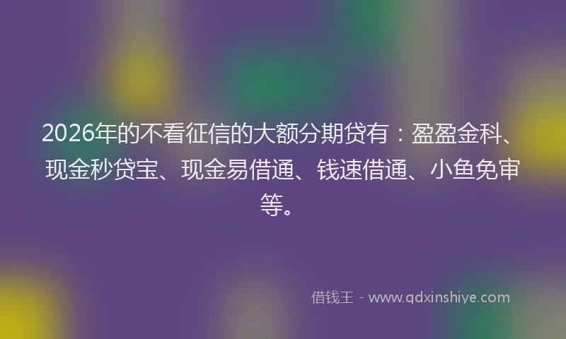 2026年的不看征信的大额分期贷有：盈盈金科、现金秒贷宝、现金易借通、钱速借通、小鱼免审等。