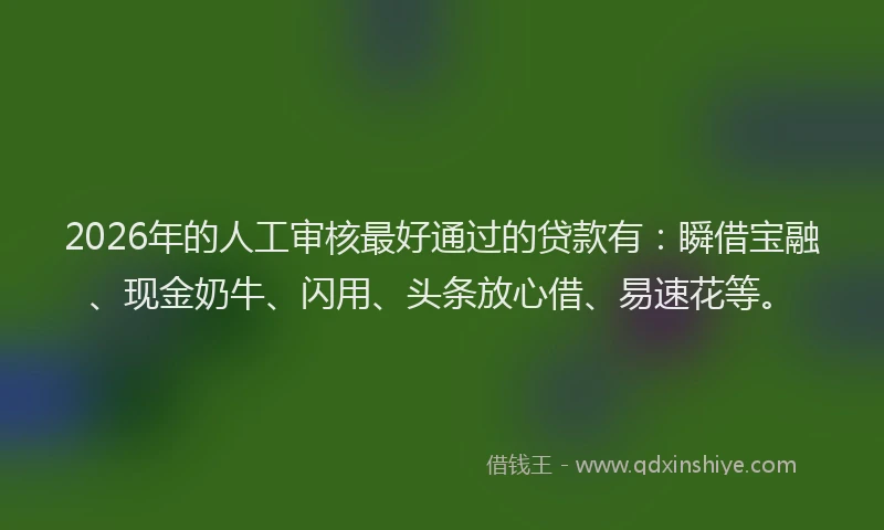 2026年的人工审核最好通过的贷款有：瞬借宝融、现金奶牛、闪用、头条放心借、易速花等。