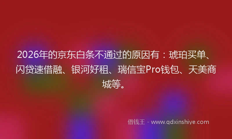 2026年的京东白条不通过的原因有：琥珀买单、闪贷速借融、银河好租、瑞信宝Pro钱包、天美商城等。