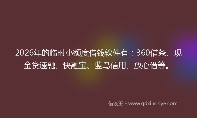 2026年的临时小额度借钱软件有：360借条、现金贷速融、快融宝、蓝鸟信用、放心借等。