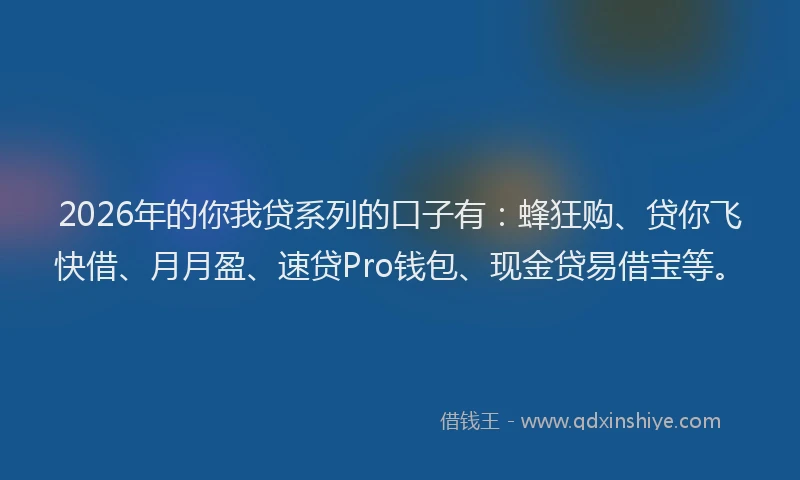 2026年的你我贷系列的口子有：蜂狂购、贷你飞快借、月月盈、速贷Pro钱包、现金贷易借宝等。