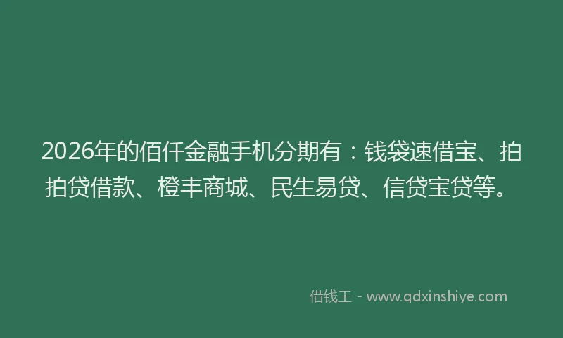 2026年的佰仟金融手机分期有：钱袋速借宝、拍拍贷借款、橙丰商城、民生易贷、信贷宝贷等。