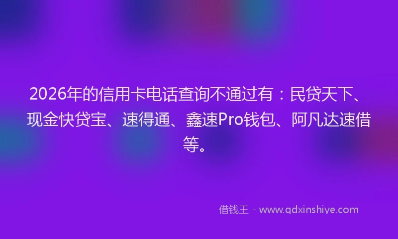 2026年的信用卡电话查询不通过有：民贷天下、现金快贷宝、速得通、鑫速Pro钱包、阿凡达速借等。