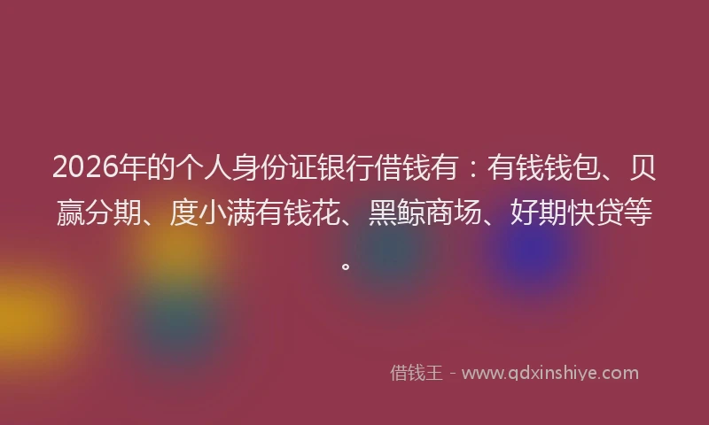 2026年的个人身份证银行借钱有：有钱钱包、贝赢分期、度小满有钱花、黑鲸商场、好期快贷等。