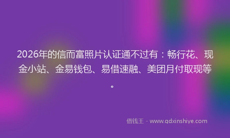 2026年的信而富照片认证通不过有：畅行花、现金小站、金易钱包、易借速融、美团月付取现等。
