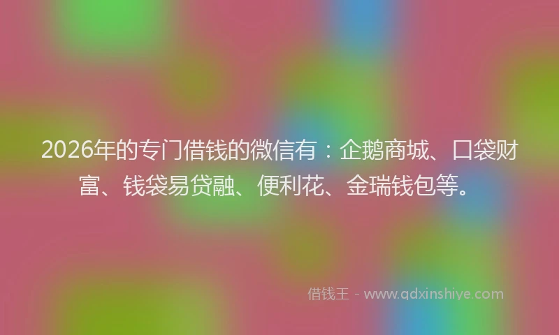 2026年的专门借钱的微信有：企鹅商城、口袋财富、钱袋易贷融、便利花、金瑞钱包等。