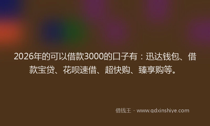 2026年的可以借款3000的口子有：迅达钱包、借款宝贷、花呗速借、超快购、臻享购等。