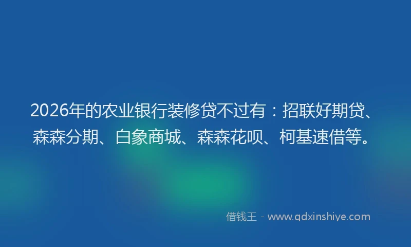 2026年的农业银行装修贷不过有：招联好期贷、森森分期、白象商城、森森花呗、柯基速借等。