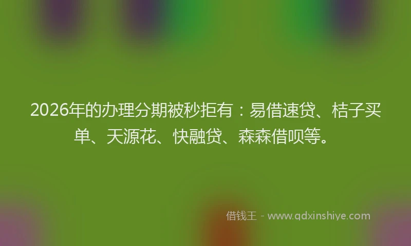 2026年的办理分期被秒拒有：易借速贷、桔子买单、天源花、快融贷、森森借呗等。